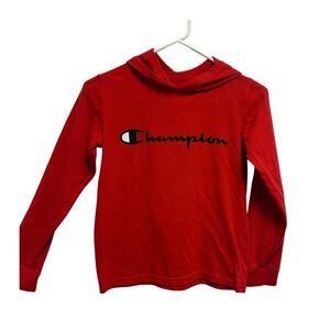 Champion Boys Red Long Sleeve Hooded Graphic T-Shirt Size Medium Authentic Wear
